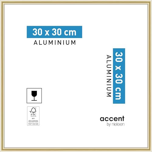 accent by nielsen Bilderrahmen, 30 x 30 cm, Aluminium, Gold glanz, Rahmen zum Aufhängen im Hoch- & Querformat, Echtglas, Accent