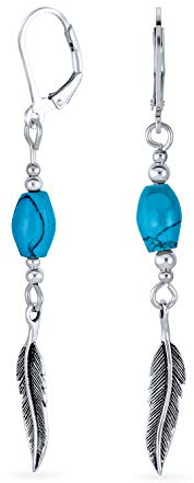 Boho Südwesten Native American Indian Stil Stabilisiertes Blaues Türkis Ovaler Edelstein Feder Blatt Klappbügel Ohrringe Western Schmuck Für Frauen Teenager Oxidiertes .925 Sterlingsilber