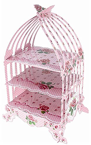 Trimming Shop Vintage Style Birdcage Theme Foldable Cardboard 3-Tier Cupcake Stand Table & Party Décor For Weddings, High-Tea, Birthday, Anniversary Parties, Pink