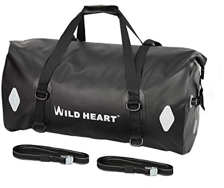 WILD HEART 55L 66L 77L Motorradtasche Reisetasche für Reisen, Motorradfahren, Radfahren, Wandern, Camping (77L schwarz)