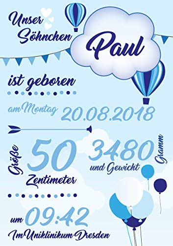 PrimeStick Personalisierte Geburts-Tafel Als Geschenk Zur Geburt Schild Baby Junge 21x30cm #001