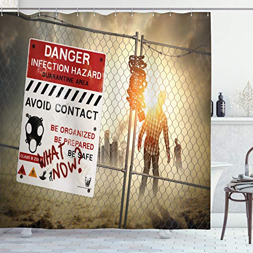 ABAKUHAUS Zombie Duschvorhang, Dead Man Walking, Stoffliches Gewebe Badezimmerdekorationsset mit Haken, 175 x 180 cm, Schiefer Braun