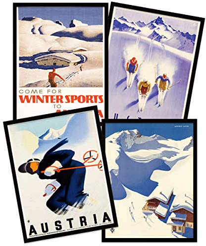 Wee Blue Coo Austria Skiing Travel Winter Sport Snow Alps Black Framed Wall Art Print Poster Home Decor Premium Pack of 4 Österreich Skifahren Reise Schnee Alpen Wand Zuhause Deko