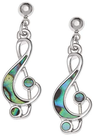 Kiara Jewellery Hypoallergene Musiknoten-/Violinschlüssel-Ohrstecker mit blaugrüner Paua-Abalone-Muschel., Silber/rhodiniertes Basismetall mit natürlicher Paua-Muschel, Abalone
