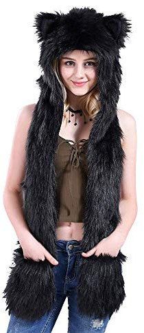 3 in 1 Wintermütze aus Kunstfell mit Kapuze, Schal, Fäustlinge und Ohren für Damen und Mädchen, Stil 1, One size