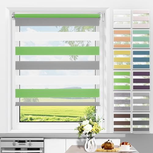 Allesin Doppelrollo Klemmfix ohne Bohren & mit Bohren, Duo Rollos für Fenster und Tür, Klemmrollo Fensterrollo lichtdurchlässig, Sonnenschutz, B90 x H140cm (Stoffbreite 90cm) Grün-Grau-Weiß