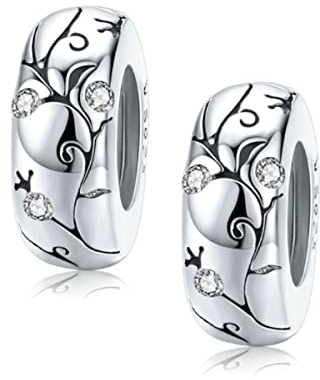 2 perline distanziali in argento Sterling 925 massiccio, distanziatori in gomma, rotondi, per braccialetti con ciondoli di tipo europeo e Argento, colore: Cristallo rotondo rosso., cod. S2016