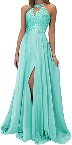 Onsoyours Damen Weihnachtskleider Maxikleid Elgant V-Ausschnitt Rückenfrei Neckholde Abendkleider Ärmellos Schulterfrei Cocktailkleid Abschluss Bandage Rücken Kreuz Brautjunfer Langes B Grün 38