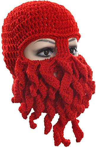 Uncle Lee Oktopus Beanie Mütze Beanie Tintenfisch Bart Mütze Strick Beard Caps für Herren Winter Warm Skifahren Gr. Einheitsgröße, rot