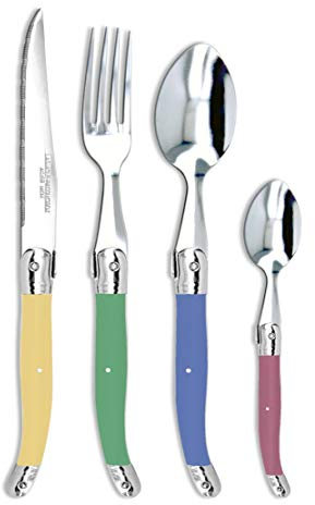 Laguiole Production - Ménagère 24 pièces - Set de Couverts de Table Acier INOX et ABS pour 6 Personnes - Solidité Extrême - Compatible Lave-Vaisselle - Manche Ergonomique - Couleurs Assorties