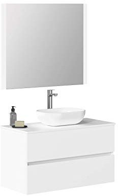 Baikal Baño Onyx, 2 cajones, suspendido en Pared, con Lavabo cerámico. Mueble Montado, Melamina 16,Mueble F46 + Top + Lavabo + Espejo 90 cm Blanco