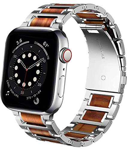 Miimall Kompatibel mit Apple Watch 45mm 44mm 42mm Armband, Naturholz Rotes Sandelholz mit Edelstahl Metall Link Uhrenarmband für Apple Watch Series 7/6/SE/5/4/3/2/1(Rot+Silber)