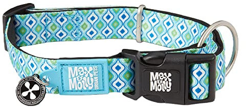 Max & Molly Urban Pets Smart ID - Collar de Perro de Neopreno Suave, Impermeable, Lavable a máquina, Hebilla de Poder, Etiqueta QR y Perfil de aplicación Personalizado, Azul Retro L
