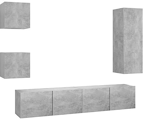 vidaXL TV Schrank Set 5-TLG. Wohnwand Anbauwand Schrankwand Hängeschrank TV Möbel HiFi-Schrank Wandschrank Fernsehschrank Lowboard Betongrau Holzwerkstoff