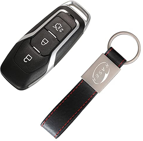 KASER Coque Clé Télécommande Plip Compatible pour Ford Fusion Explorer Edge Mustang Remplacement de 3 Boutons Keyless avec Porte-clés en Cuir HU101 Lame