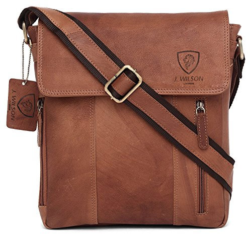 J. Wilson London 100% Genuine Real Vintage Leather Handmade Mens Women Flapover Everyday Crossover Shoulder Work iPad Messenger Bag (Distressed Vintage Tan)