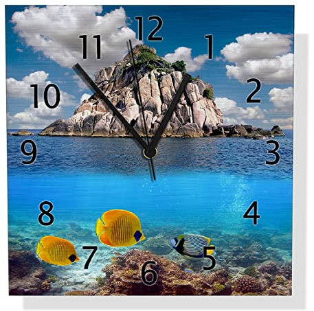 Wallario Design Wanduhr Exotische Fische im Meer aus Aluverbund, Alu-Uhr Größe 30 x 30 cm, Schwarze Zeiger mit Metalloptik