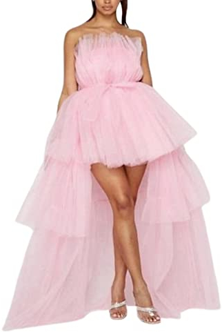 Owegvia Damen High Low Mesh gestuftes Kleid Schulterfrei Trägerlos Schlauch Tüll Puffy Cocktail Abschlussball Kleid Hochzeit Abend Trailing Kleid, rose, Medium