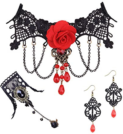 JeryWe 4 Pcs Ensemble Gothique Collier Bracelet Boucles d'oreilles Femme Choker Dentelle Sexy Noire Collier Rose Rouge Punk Party Gothique Vintage Cosplay Accessoires Rétro Lolita Halloween Bijoux
