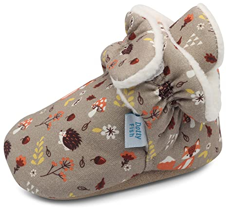Dotty Fish Stivaletti Neonato - Scarpe Invernali Comode e Calde in Cotone - Suola in Suede Antiscivolo - Foderati in Pile - Marrone con animali della foresta - 0-6 Mesi.