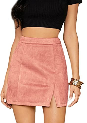 Onsoyours Jupe Taille Haute pour Femmes Jupe Courte Ligne A Jupe Trapèze Ligne Couleur Unie Jupe Crayon Jupe Parapluie en Velours Côtelé Mini Jupe A Rose S