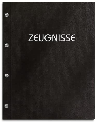 Zeugnismappe im schwarzen Einband in Lederoptik mit Prägedruck in verschiedenen Farben – inkl. 12 Sichthüllen