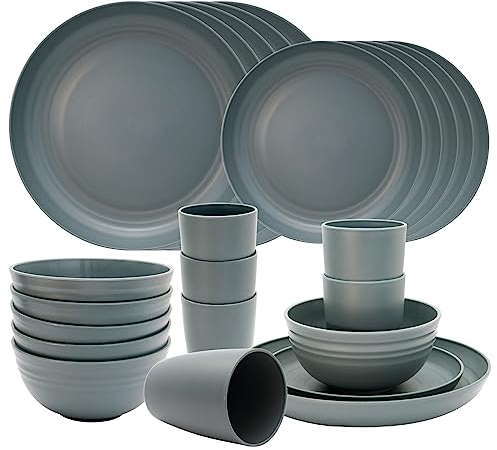 Vaisselle Plastique 24 Pièces, Assiette Plastique Reutilisable, Service de Table 6 Personnes avec Bol, Assiette et Gobelet, Service de Table Camping pour Pique-Nique, Fête, Barbecue