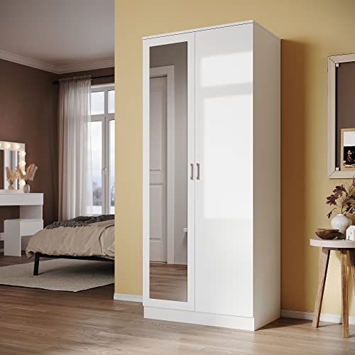SUNXURY Kleiderschrank mit Spiegel, Garderobe, Drehtürenschrank mit Kleiderstange und Schubladen Großer Stauraum, 180 x 76 x 47cm, Modern Design Weiß