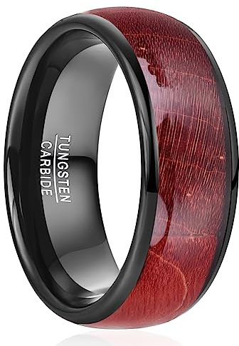 NUNCAD 8mm Anello Nero da Uomo Fascia Nuziale Lucida Anello in Tungsteno con Intarsio in Legno d'acero rosso Taglia 14.5-27.25