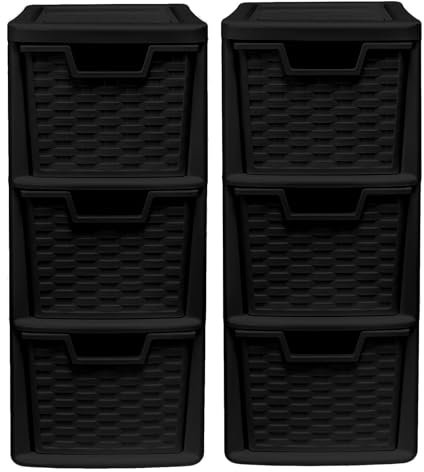 Set of 2 - Small Plastic Rattan 3 Drawer Mini Storage Tower Unit Home Office Desktop Table Top (Black)