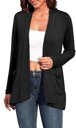 TASAMO Women's Lightweight Kimono Cardigans Loose Fit 3/4 Sleeve Beach Cover Up with Side Pockets