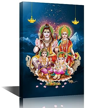 TISHIRON Hindu-Gott-Bilder für Wohnzimmer, Lord Shiva, Familiengemälde, 1 Stück, Leinwand, Ganesha, religiöse Wandkunst, Heimdekoration, gerahmt, gespannt, fertig zum Aufhängen, 45,7 x 30,5 cm