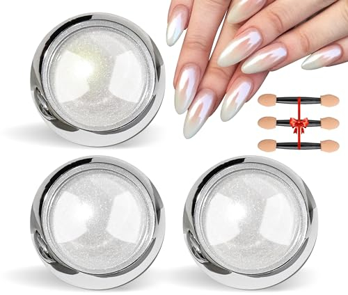 LEDSUUEI Weiße Perle Chrom Nagelpuder, 3PCS Aurora Ice Shimmer Chrome Nail Powder, Chrome Pigment Pulver für Nägel, Glazed Donut Glitzerpuder Nails Spiegeleffekt Glitter Pulver für Nail Salon