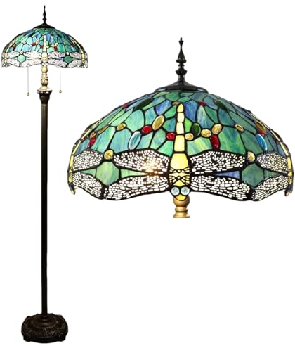 Kinbolas Tiffany Style Lampe sur pied style rétro avec libellule en verre coloré 40,6 cm Lampe de lecture vintage Boho Art Décoration chambre à coucher salon Lampe sur pied Interrupteur à pédale