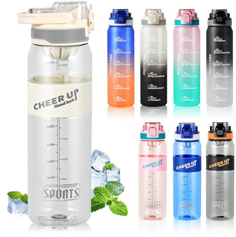SEASEVEN Wasserflasche, 1 l, Fitnessstudio, auslaufsicher, Sport-Wasserflasche, Kunststoff, schadstofffrei, BPA-frei, für Büro, Schule (transparentes Weiß)