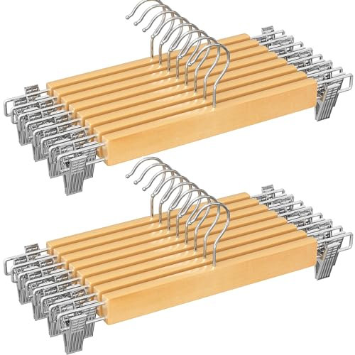 SONGMICS Hosenbügel Holz, 24er Set, Rockbügel aus Holz, mit verstellbaren Clips, rutschfest, für Hosen, Shorts und Röcke, naturfarben CRW009N24