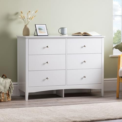 Christow White Chest Of Drawers, 6 Drawer Storage Organiser Unit, Modern Wooden MDF Bedroom Cabinet Furniture, Living Room Hallway, Brushed Chrome Handles, Smooth Glide Runners (H70cm x W80cm x D40cm)