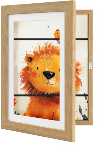 EUGAD Bilderrahmen Kinderzeichnungen A4, Bilderrahmen zum Befüllen, Kinder Kunstrahmen Frontöffnung, Objektrahmen zum Aufhängen, MDF, Hell Eiche