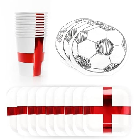 England Football Party Set - 40pc Set - England Flag Square Paper Plates, England Flag Paper Cups and Football Shaped Napkins - English Sport Supporters Party Tableware Set
