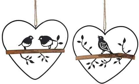 2 x Dekohänger Vogel auf AST im Herz | Metall Fensterdeko Hänger schwarz | 20 cm
