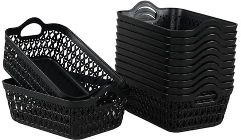 Melontray 12 paquetes de mini cestas de almacenamiento poco profundas, bandeja de almacenamiento de plástico para escritorio, color negro