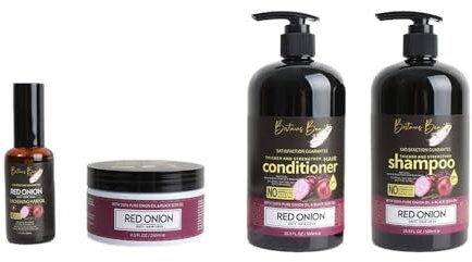 Britains Beauty 4 Pcs Hair Growth Set - Ginger & Tea Tree, Red Onion, Rosemary & Mint for Nourishment, Shampoo, Conditioner, Mask, and Oil for Complete Hair Care (Standard, Red Onion)