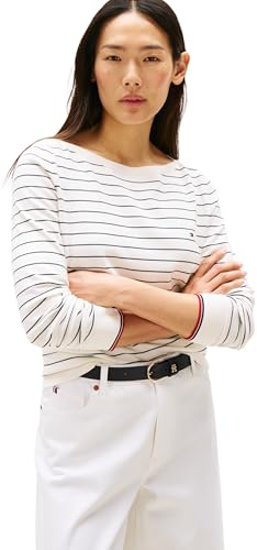 Tommy Hilfiger Pullover Donna Pullover in Maglia, Multicolore (Ivory Silk/Dark Night Navy Fine STP), XL