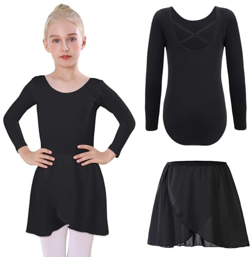 Bezioner Ballet Leotard for Girls with Removable Skirt Ballet Dress Outfit Long Sleeve Dance Leotard Ballerina Costume for Girls Black 130