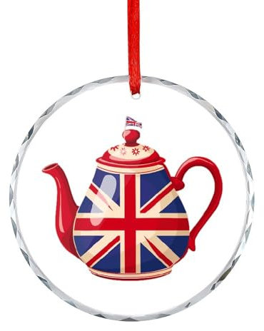 British Tea UK Teapot Union Jack Flag Christmas Ornament Xmas Crystal Glass Hanging Decorations for Christmas Tree Home Party