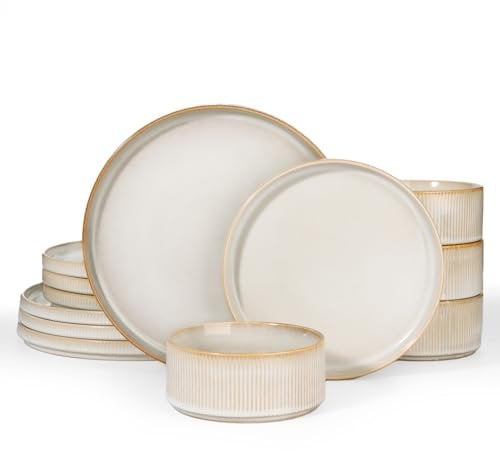 Richmount Service de table 12 pièces en grès pour 4 personnes avec assiettes, assiettes à salade, bols à céréales, passe au lave-vaisselle et au micro-ondes, motif étoilé, cappuccino blanc
