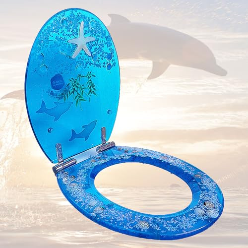 Generisch WC Sitz mit Absenkautomatik, Harz Toilettensitz mit blauem Ozean gelben Seestern, Toilettendeckel mit tropischen Fischen transparente 3D-Effekte dekorative Quick Release Scharniere