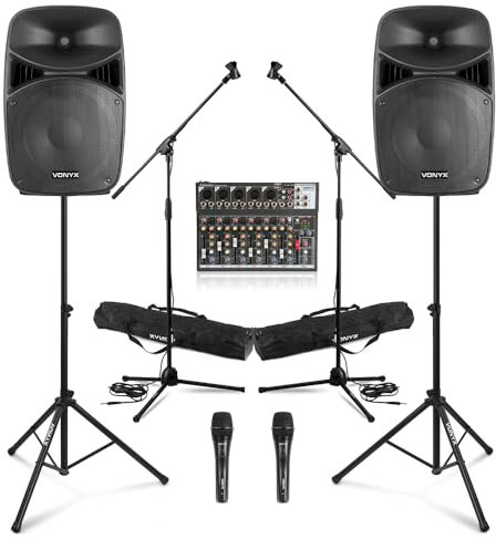 Complete PA System Package for Small Band & Vocalist with 15 Active Speakers, Mixer, 2 Mics, Stands, Bluetooth, LED Lights for Live Performance & Events