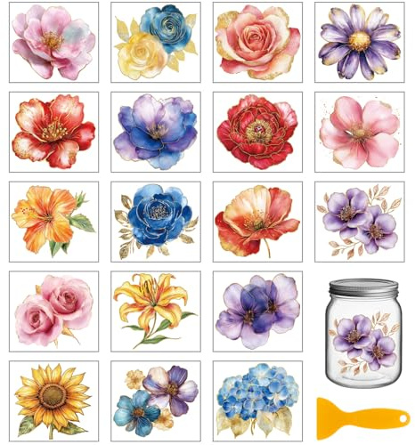 GLOBLELAND 18 Blatt Bunte Goldenem Rand Blumen UV DTF Tasse Transfer Aufkleber 3.9x3.6 Zoll Frühlingsblumen DTF Transferaufkleber Möbel Großformat Transfers für Glasbecher Keraflott Möbel Glas Holz