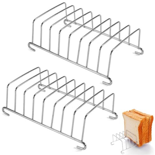 2 Piezas Soporte para Tostadas, Plata Soporte para Pan Tostado, de 8 Ranuras Porta Estante de Acero Inoxidable, Organizador de Accesorios para Freidora de Aire para Pan Rejilla de Enfriamiento